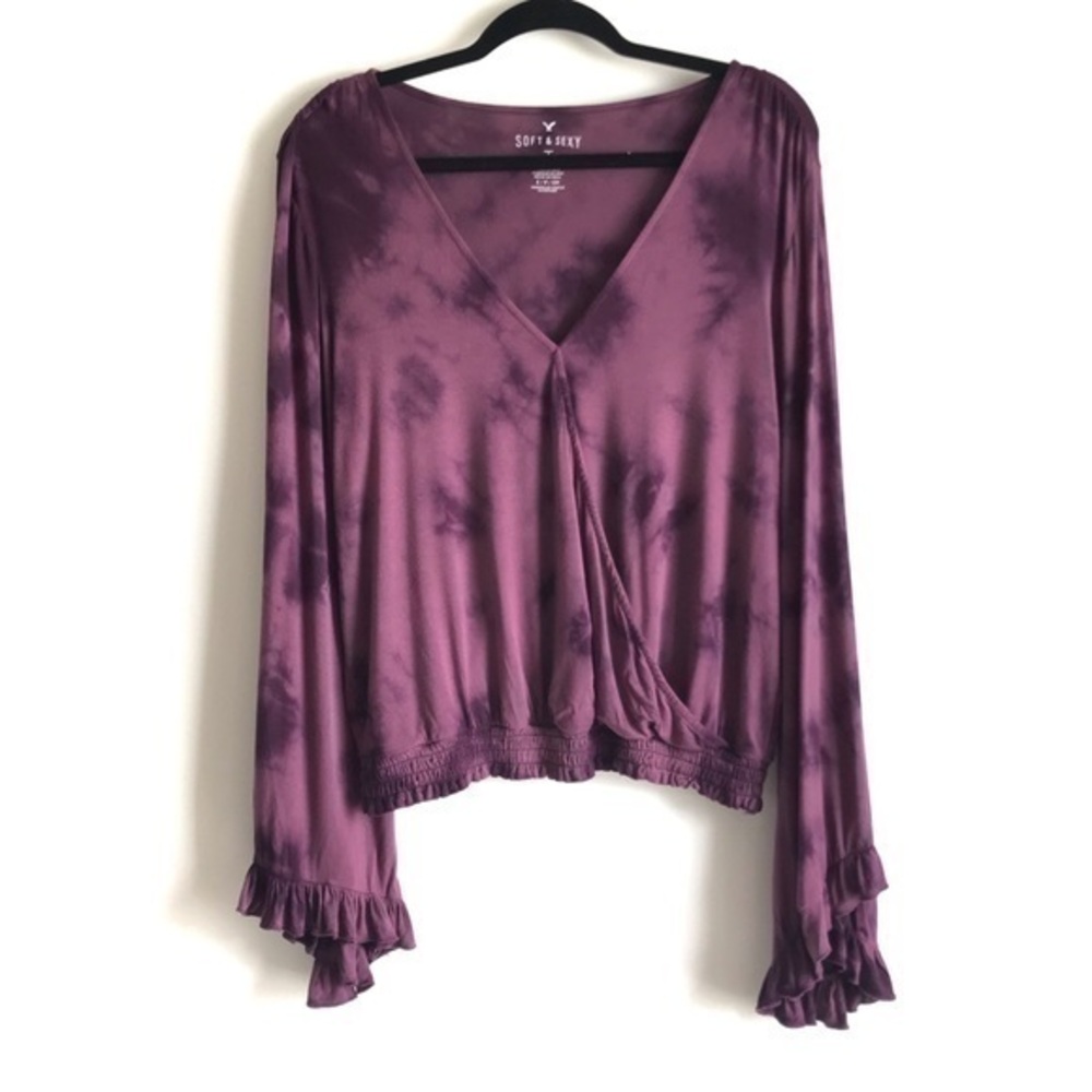 American Eagle Soft & Sexy Purple Tie Dye Bell Sleeve V Neck Blouse Size Small